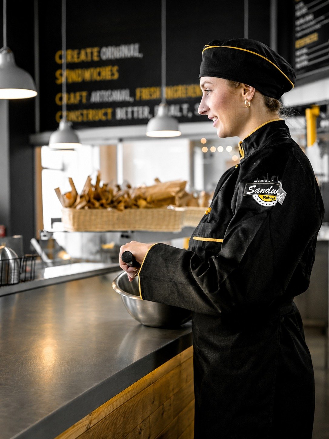 Sandwich Factory team member in branded uniform